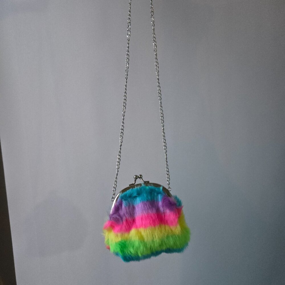 Plushie Rainbow Ombre Coin Purse Necklace Decora Faux Fur Kawaii Kitch Colorful - Picture 2 of 6